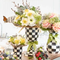 Courtly Check Enamel Pedestal Vase - Green Bow