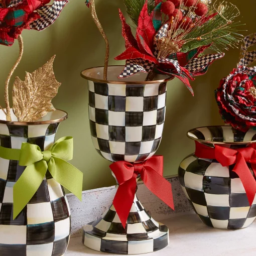 Courtly Check Enamel Pedestal Vase - Red Bow
