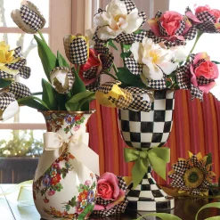 Courtly Check Enamel Pedestal Vase - Green Bow