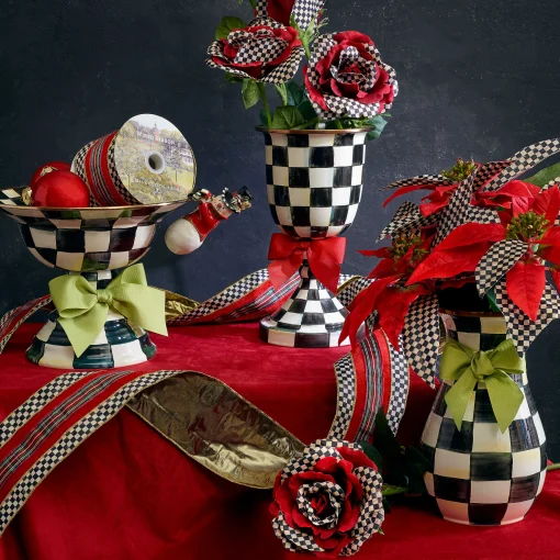 Courtly Check Enamel Pedestal Vase - Red Bow