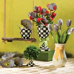 Courtly Check Enamel Pedestal Vase - Green Bow