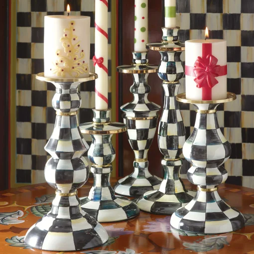 Courtly Check Enamel Pillar Candlestick - Medium
