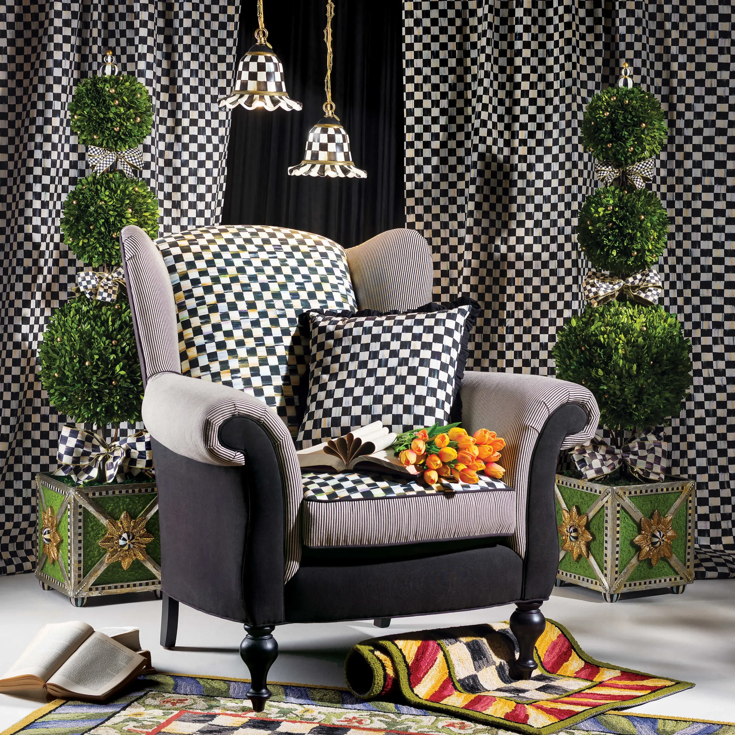 Courtly Check Rug - 2'6" X 8' Runner - Red & Gold