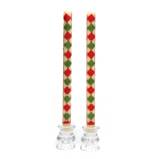 Harlequin Dot Dinner Candles - Red, Green, & Gold - Set Of 2